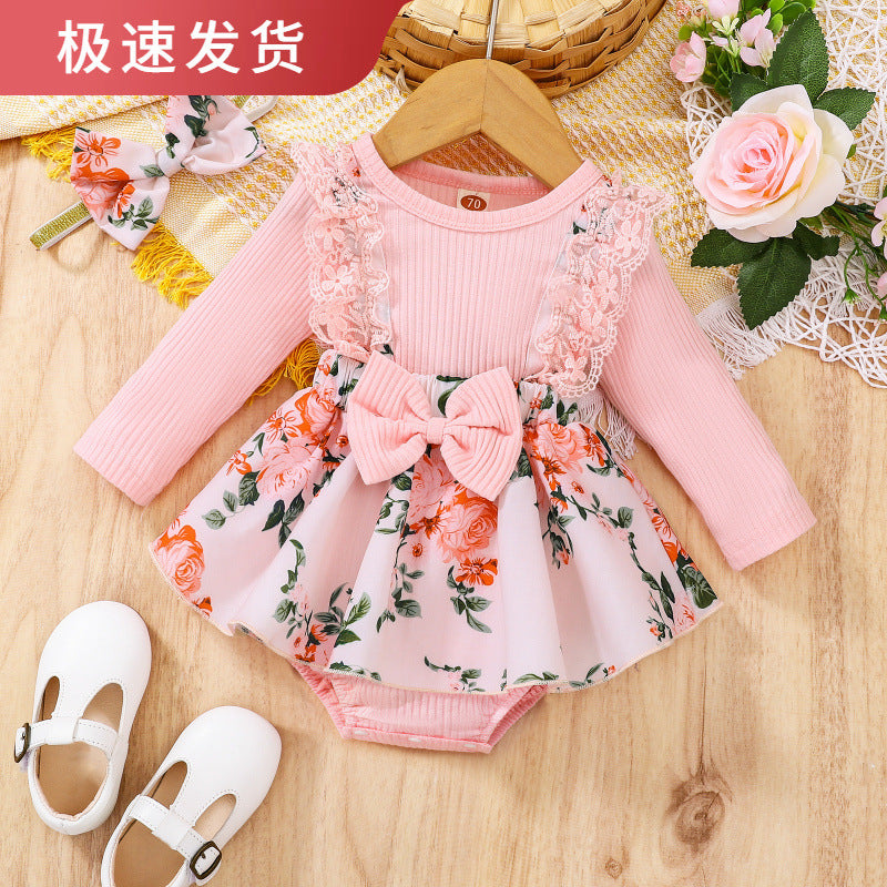 Baoxin cross-border children's clothing wholesale baby girl autumn new lace cotton pit strips splicing flowers full print one-piece romper
