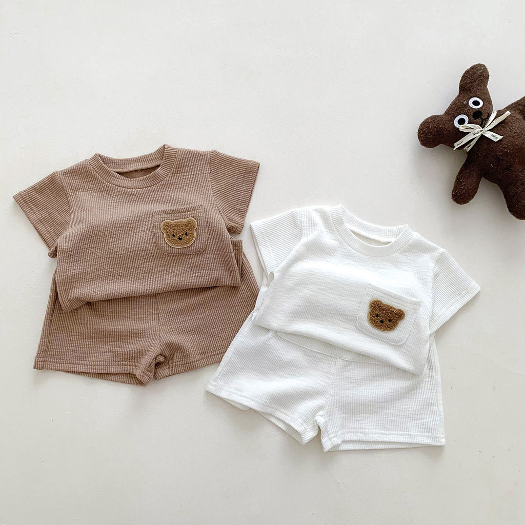 Summer Korean version of small and medium-sized children's shorts and short-sleeved suits for boys and girls baby waffle bear casual thin two-piece suits