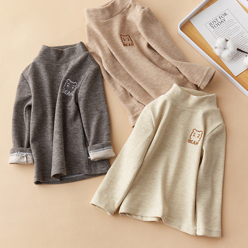 Children's thin fleece boys and girls half-high collar warm inner tops small and medium-sized children's baby T-shirts long-sleeved bottoming shirts trendy