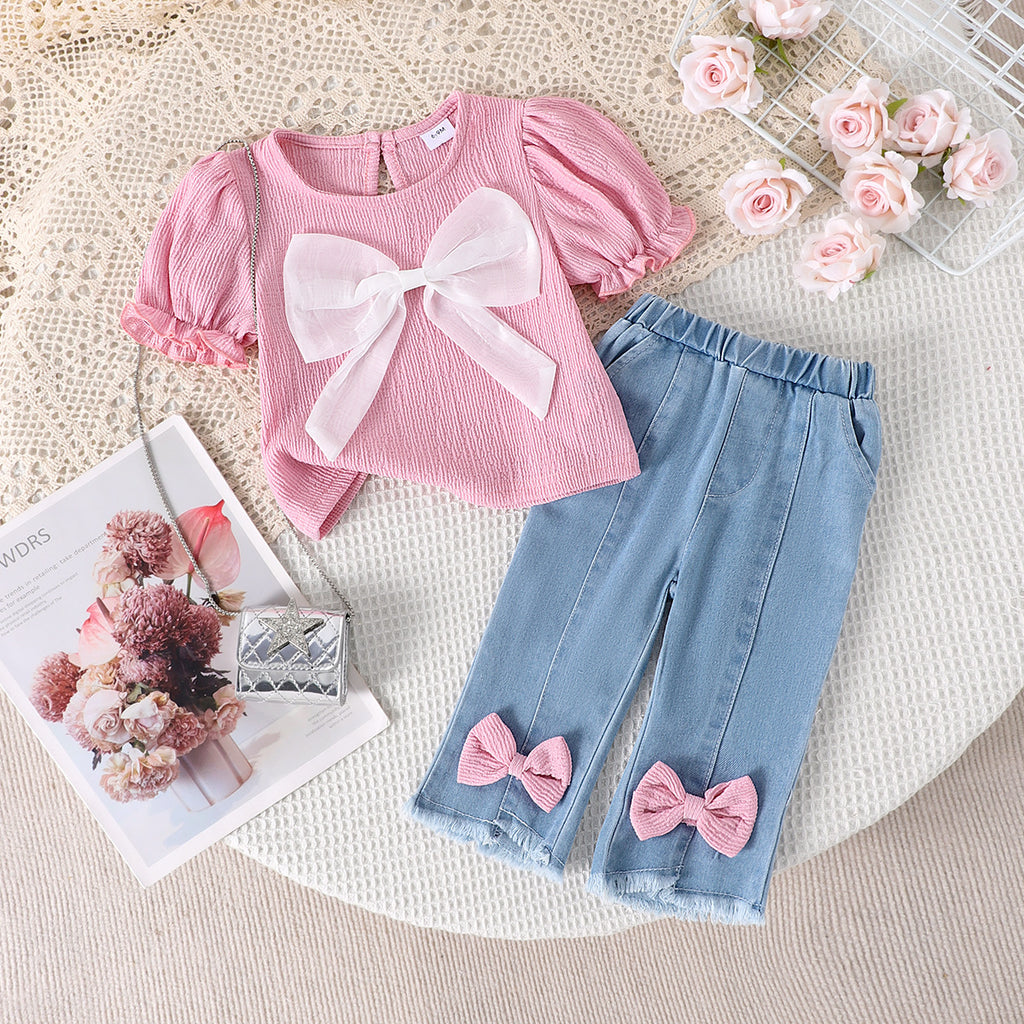 Amazon cross-border children's clothing European and American summer puff sleeve three-dimensional bow top denim trousers baby and toddler suit