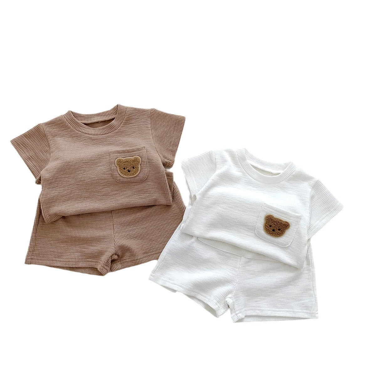 Summer Korean version of small and medium-sized children's shorts and short-sleeved suits for boys and girls baby waffle bear casual thin two-piece suits