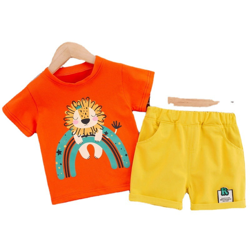 Children's college style suit 2024 summer boys cartoon lion two-piece suit baby boy stylish short-sleeved shorts suit