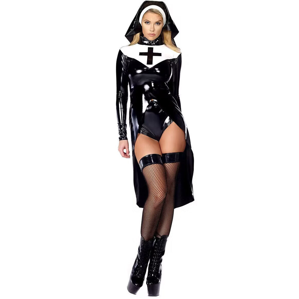 S-XXL Halloween leather nun costume PU leather punk nun costume Nun costumeCOS uniform