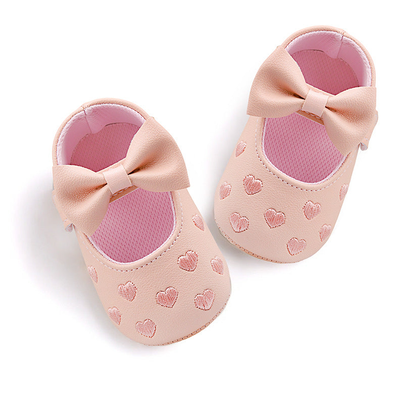Spring and Autumn Style Embroidered Heart Bow Baby Shoes Pre-Step Shoes 0-1 Years Old Hand-Cuddle Shoes for Boys and Girls Soft Sole