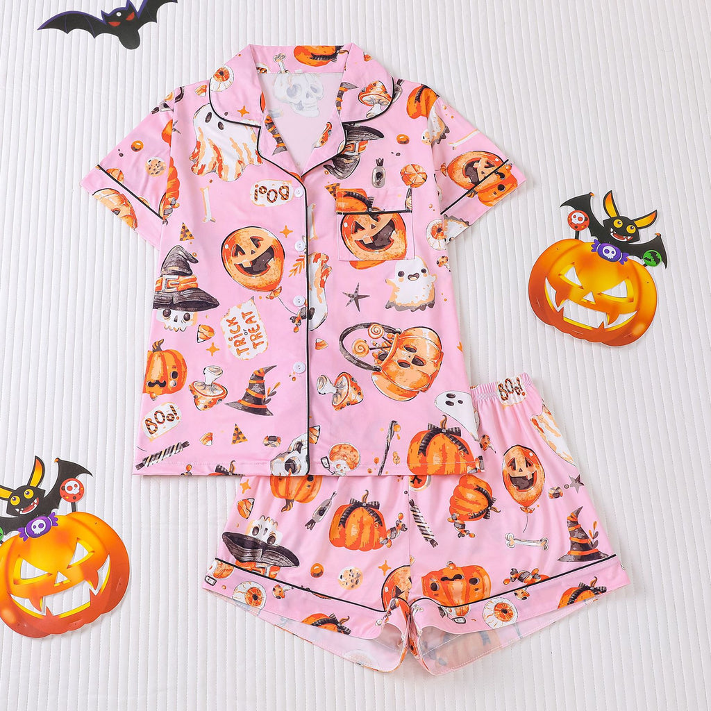 Cross-border foreign trade new European and American women's pajamas Halloween print lapel short-sleeved shorts European and American home clothes suit