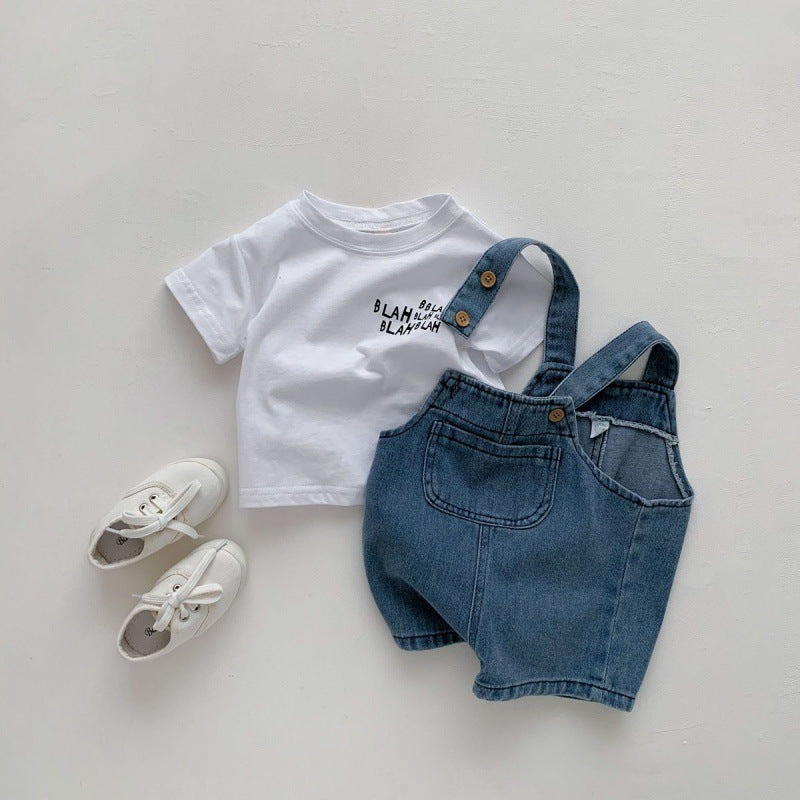 Children's denim overalls 2024 new girls' thin overalls baby fashionable summer loose shorts