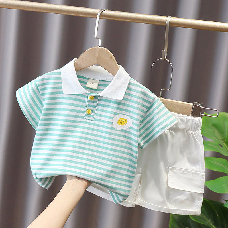Boys summer clothes children's short-sleeved suits summer new style little boy baby fashion striped polo shirt two-piece suit trendy