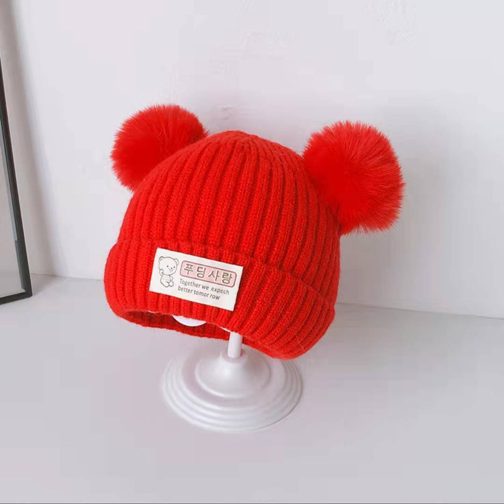 New autumn and winter children's warm hats cute bear double ball hats infant baby warm ear protection knitted wool hat