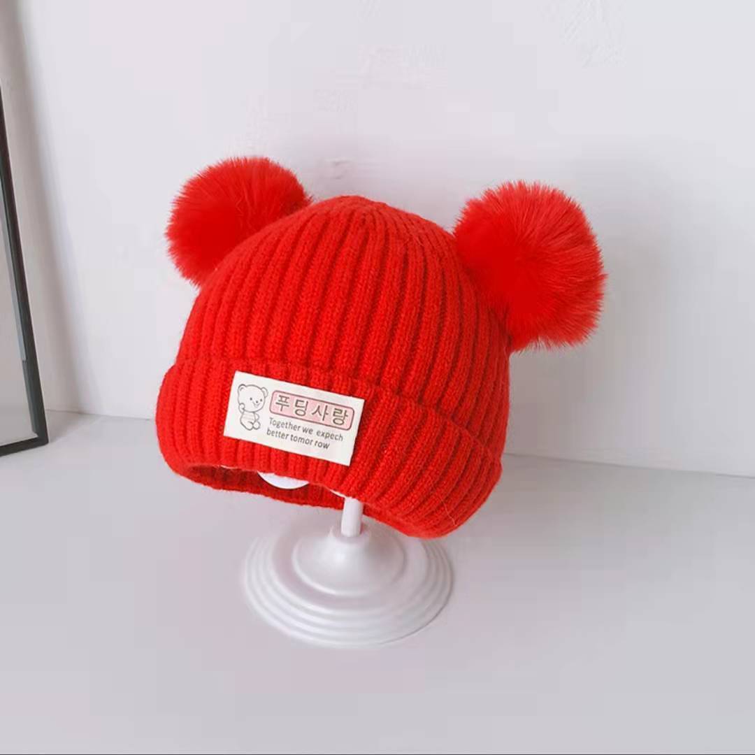 New autumn and winter children's warm hats cute bear double ball hats infant baby warm ear protection knitted wool hat