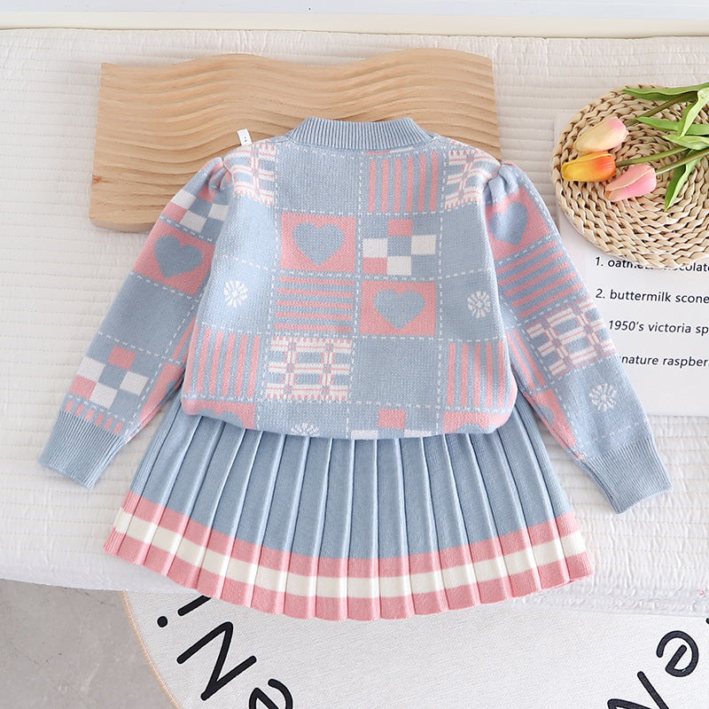 Baby girl sweater skirt children's spring and autumn new knitted two-piece skirt cute geometric pattern sweater skirt foreign trade trend