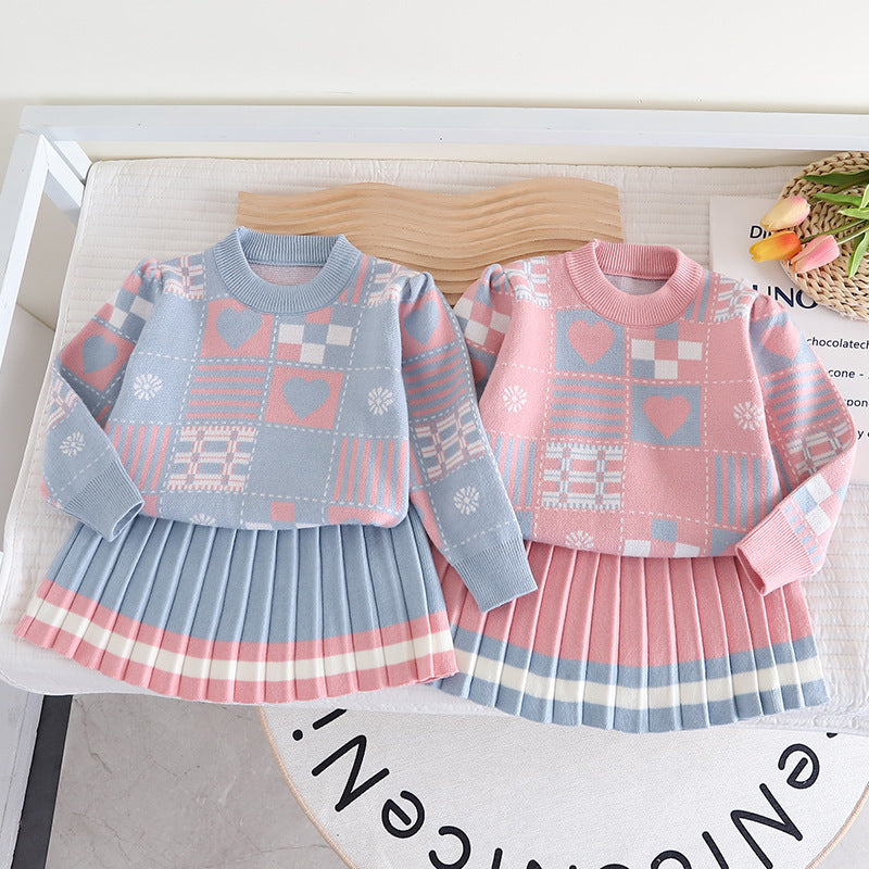 Baby girl sweater skirt children's spring and autumn new knitted two-piece skirt cute geometric pattern sweater skirt foreign trade trend