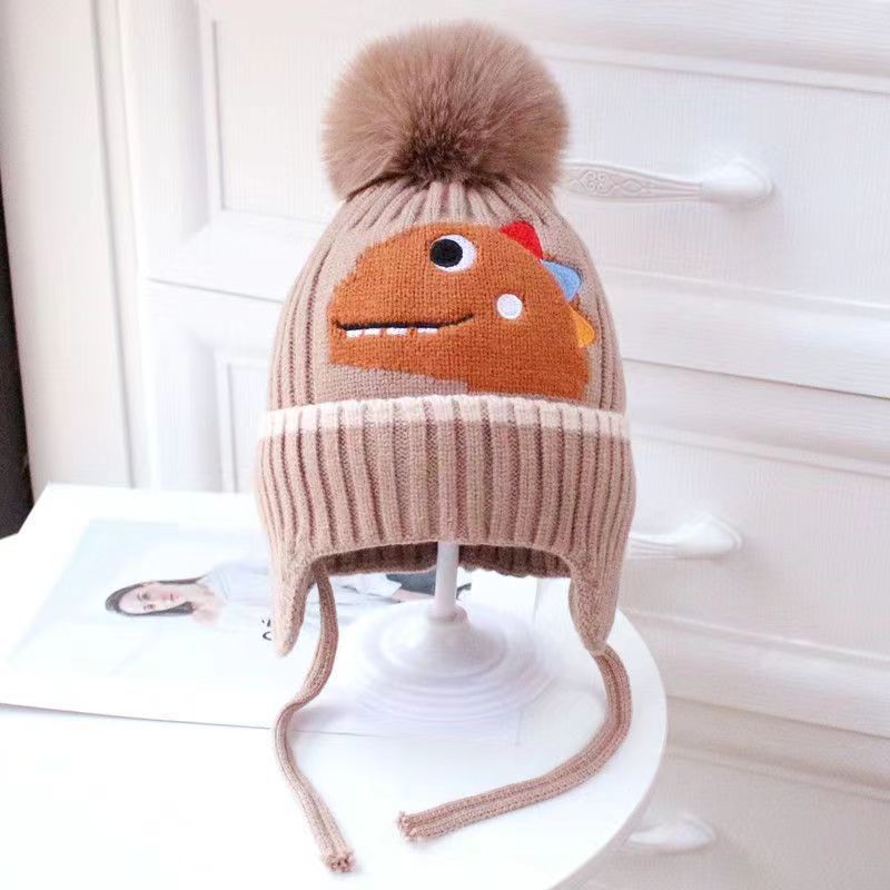 New autumn and winter children's warm hats cute bear double ball hats infant baby warm ear protection knitted wool hat