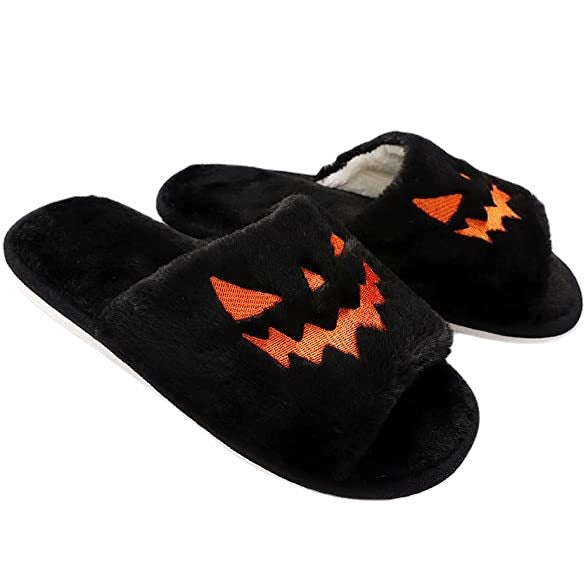 Cross-border plus size slippers female Halloween pumpkin lantern soft European and American plush open toe outer wear plush