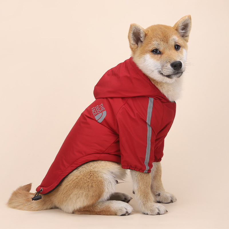 Pet clothes, autumn and winter dog clothes, velvet thickened jacket, two-legged hooded raincoat, reflective striped cotton coat