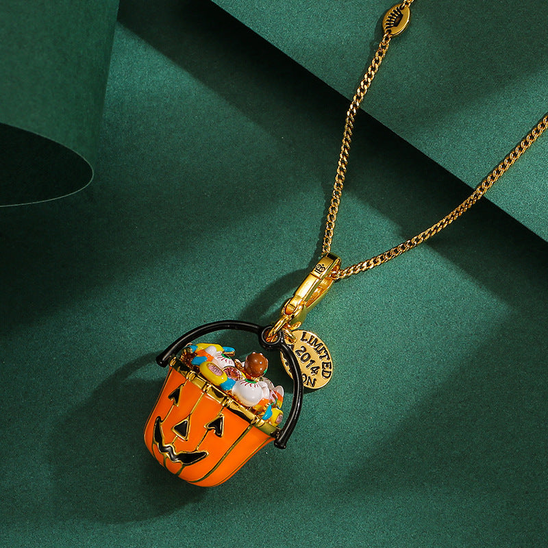 Foreign trade cross-border fashion enamel glaze eye candy pumpkin bucket pendant necklace portable basket Halloween gift