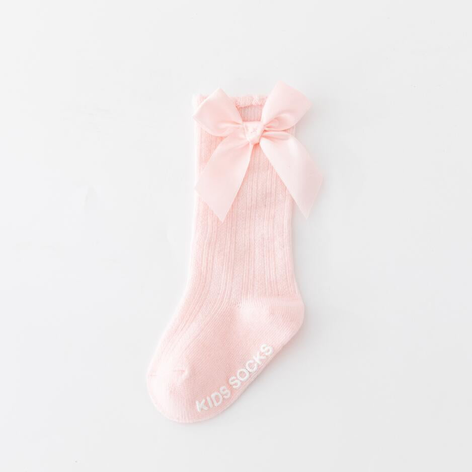New style boys and girls solid color striped stockings Polyester cotton non-slip bubble mouth baby bowknot mid-tube socks wholesale