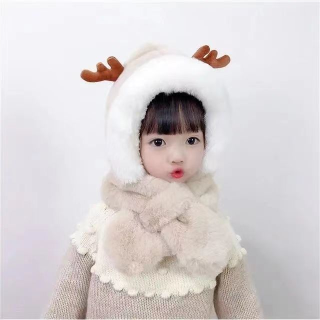 Winter outdoor children's hat scarf integrated boys and girls thick warm plush cute baby deer antler ear protection hat