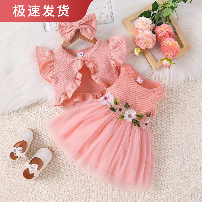 Baoxin children's clothing cross-border new products summer infant girl baby suit mesh embroidery dress coat headdress