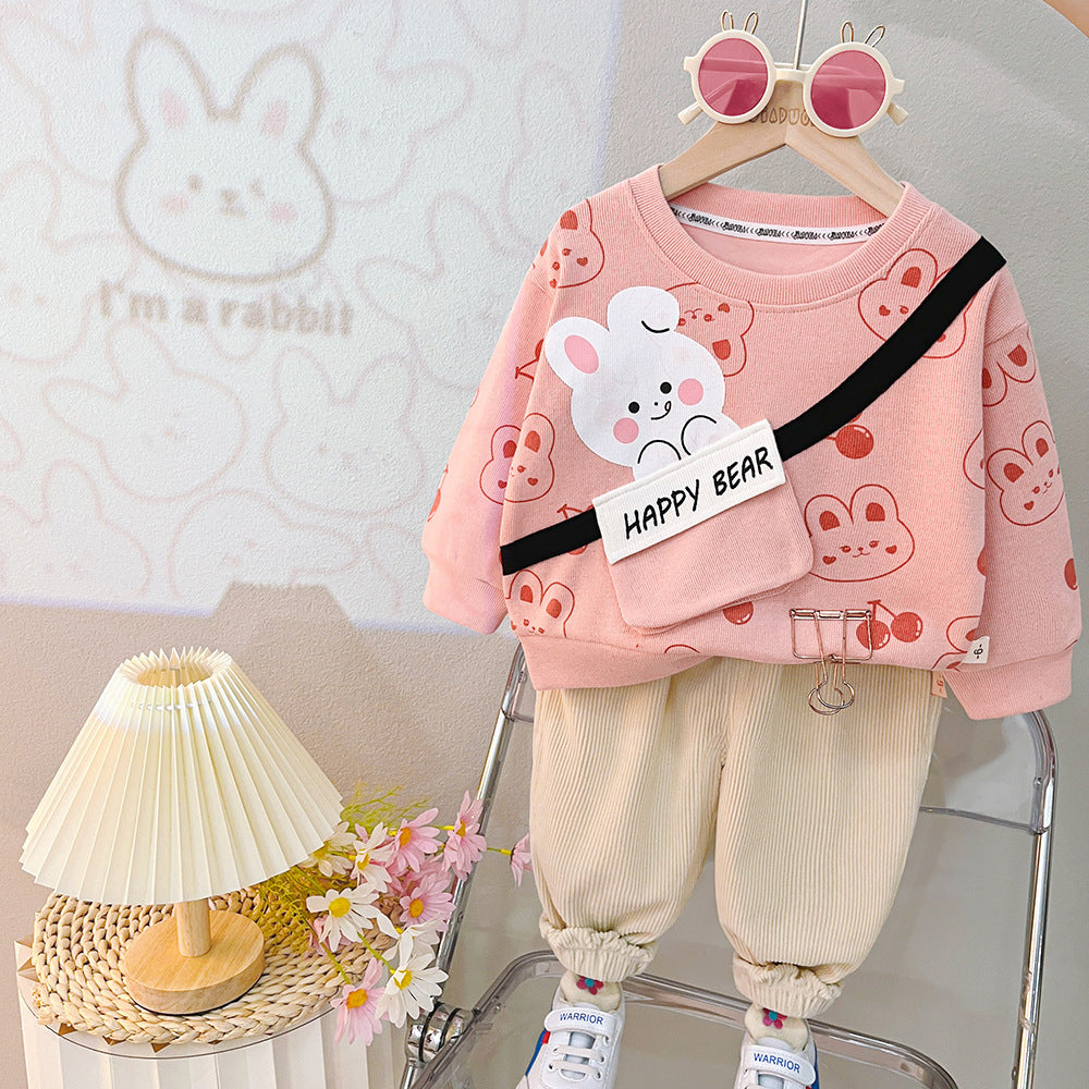 2024 Spring New Boys Girls Full Print Cartoon Round Neck Long Sleeve Suit Baby Casual Pants Two-piece Suit Trendy