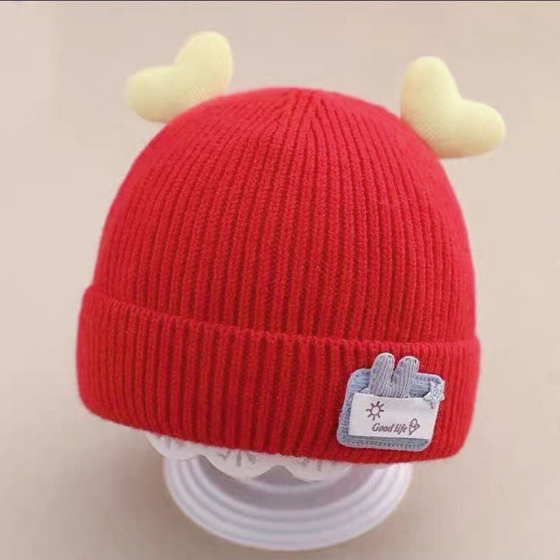 New autumn and winter children's warm hats cute bear double ball hats infant baby warm ear protection knitted wool hat