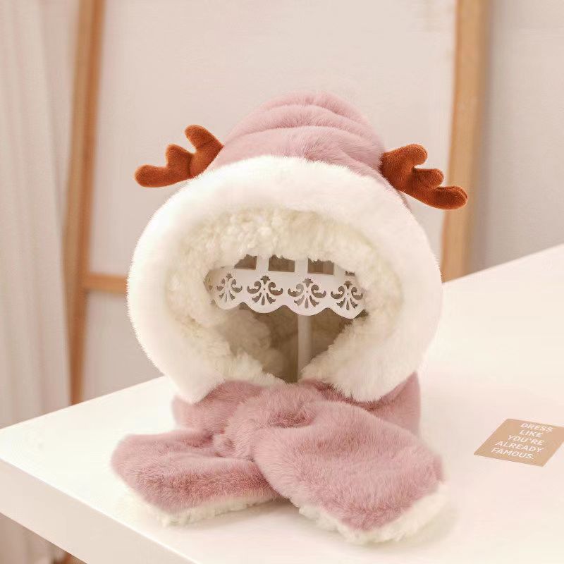 Winter outdoor children's hat scarf integrated boys and girls thick warm plush cute baby deer antler ear protection hat