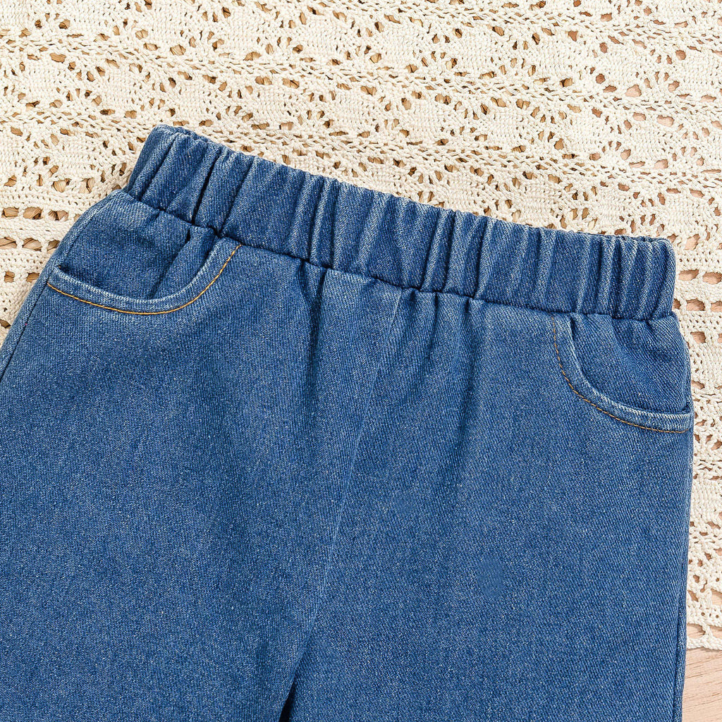 Amazon European and American hot selling baby girl summer suit puff sleeve short sleeve vest denim pants three pieces