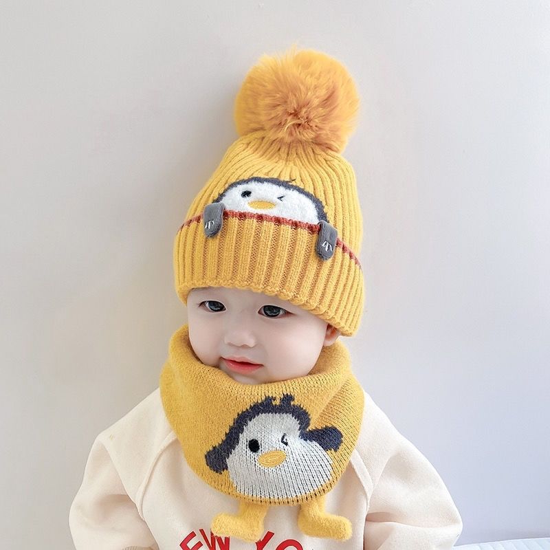 Children's hat scarf set for boys and girls winter warm cotton lining wool hat baby two-piece hat