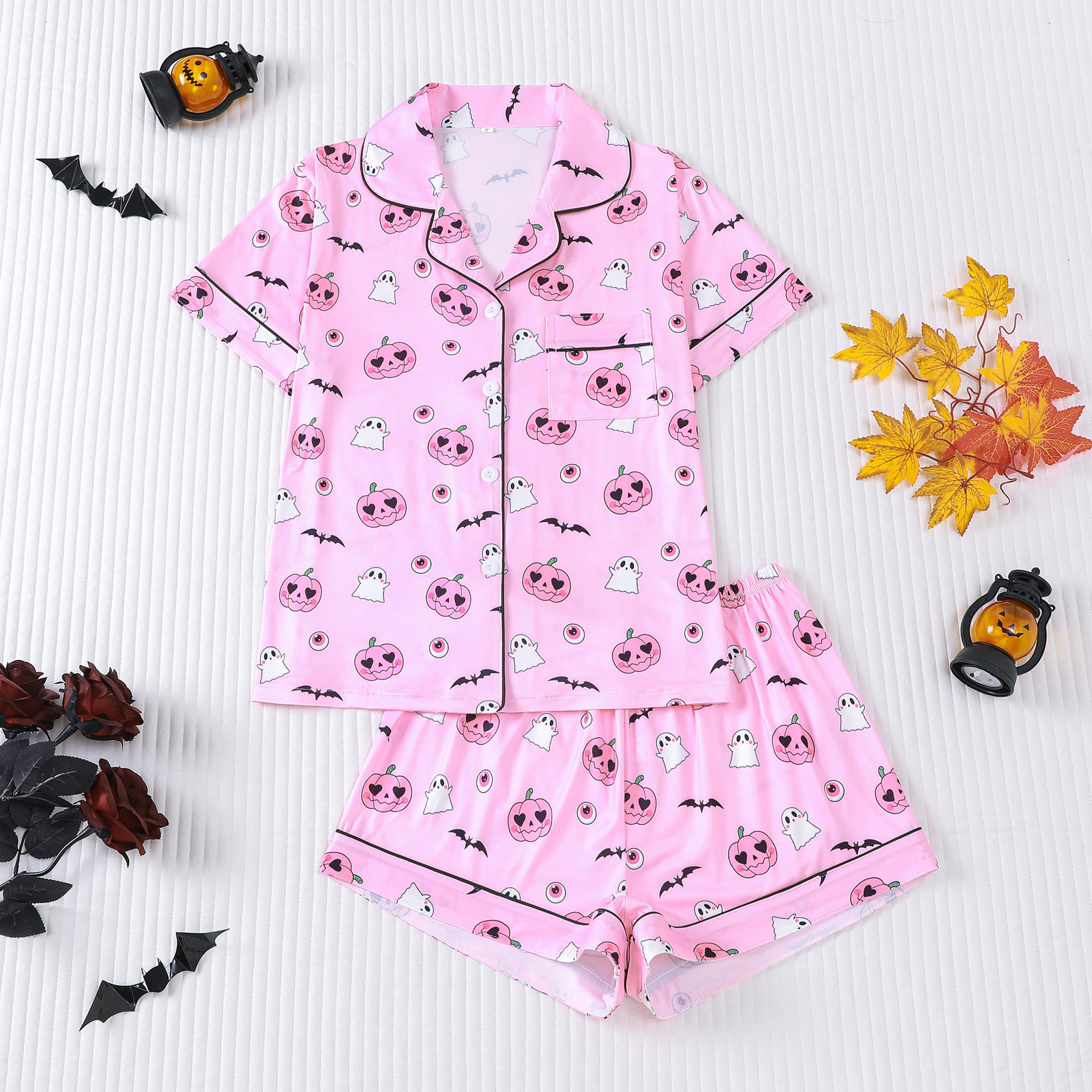 Cross-border foreign trade new European and American women's pajamas Halloween print lapel short-sleeved shorts European and American home clothes suit