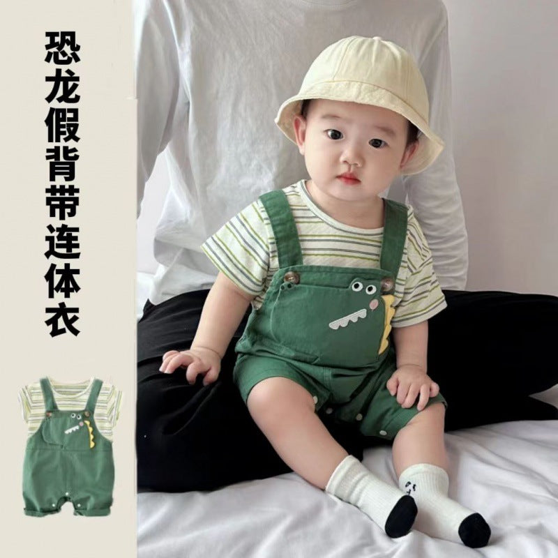 Cute and fashionable baby clothes summer short-sleeved trendy baby boy jumpsuit fake two-piece going out clothes romper crawling clothes