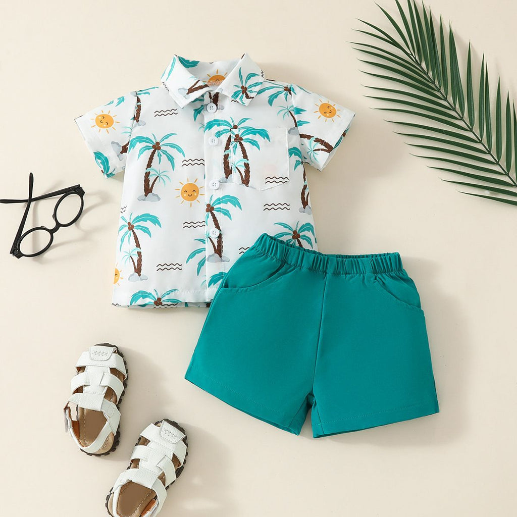 Children's clothing 2024 summer new style baby boy shirt dress cartoon cute top solid color shorts two-piece suit