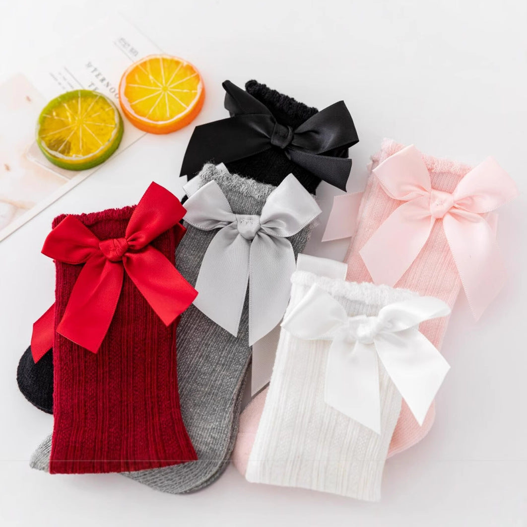 New style boys and girls solid color striped stockings Polyester cotton non-slip bubble mouth baby bowknot mid-tube socks wholesale