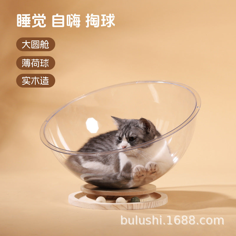 Factory direct supply space capsule acrylic cat bed solid wood turntable toy mint cat play sleep all-in-one pet supplies