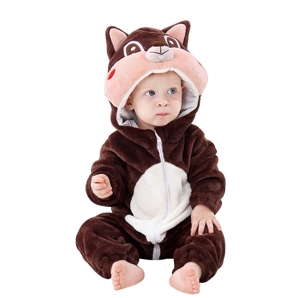 Male and female baby cartoon animal hat jumpsuit cross-border children's clothing cute ears flannel warm sleeping clothes