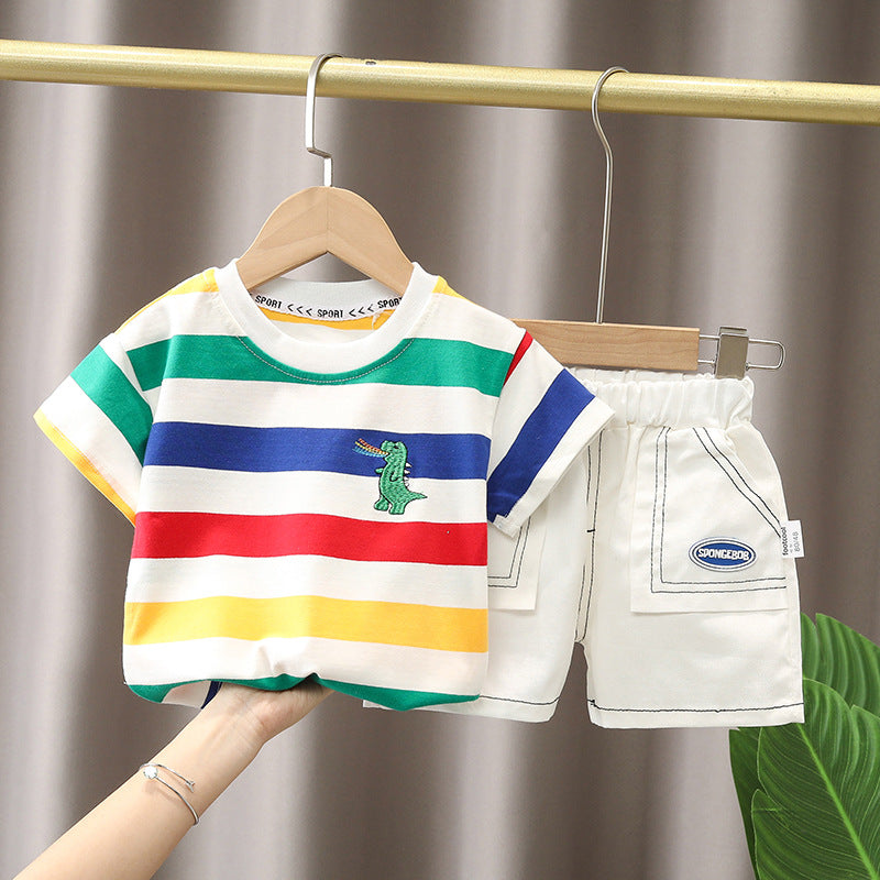 Boys summer clothes children's short-sleeved suits summer new style little boy baby fashion striped polo shirt two-piece suit trendy