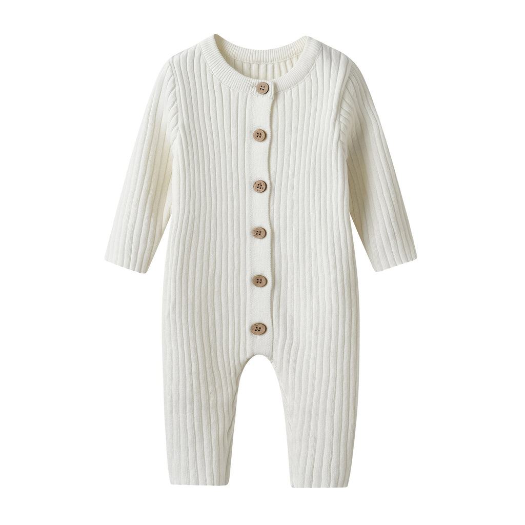 Korean version of ins style baby jumpsuit autumn and winter clothes solid color striped knitted crawling clothes boys and girls baby sweater romper