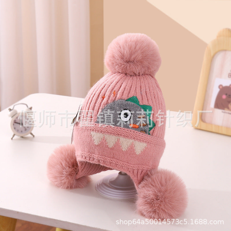New autumn and winter children's warm hats cute bear double ball hats infant baby warm ear protection knitted wool hat