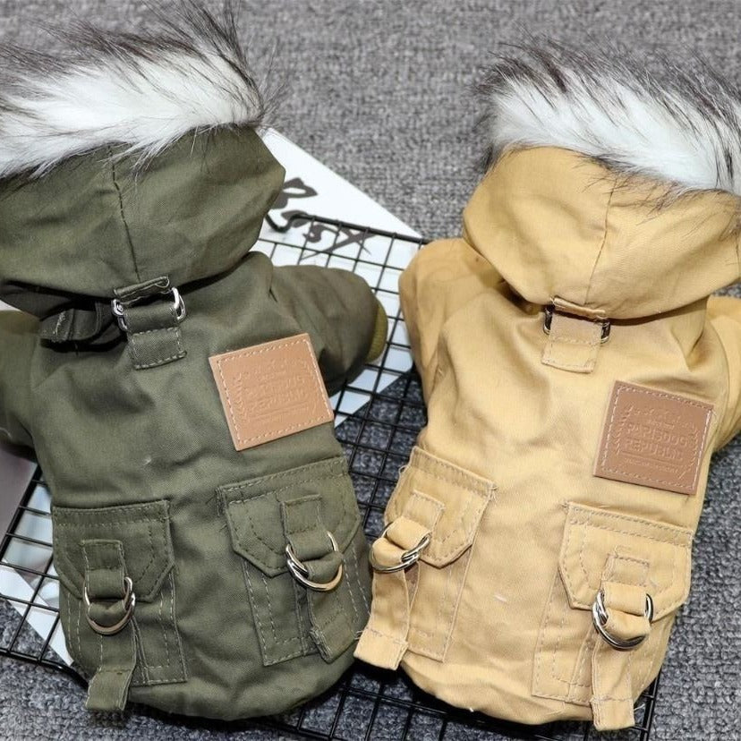 New autumn and winter pet dog double-layer plus fleece collar workwear cotton coat mountaineering clothes small dog winter clothes warm cotton coat