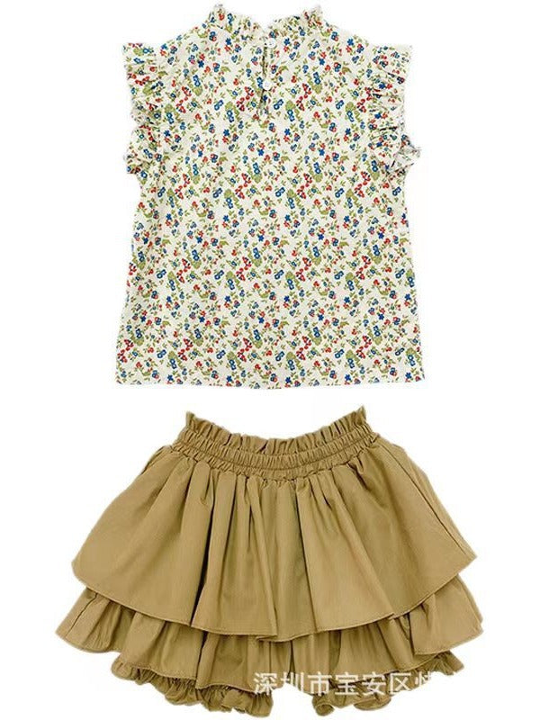 Korean children's clothing summer new style girls' fashionable suit baby floral ruffle shirt flower bud pants two-piece suit trendy