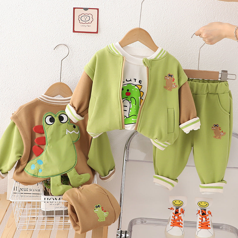 Boys spring suit 2025 new stylish baby spring suit cartoon baseball three-piece suit dinosaur baby children's suit a