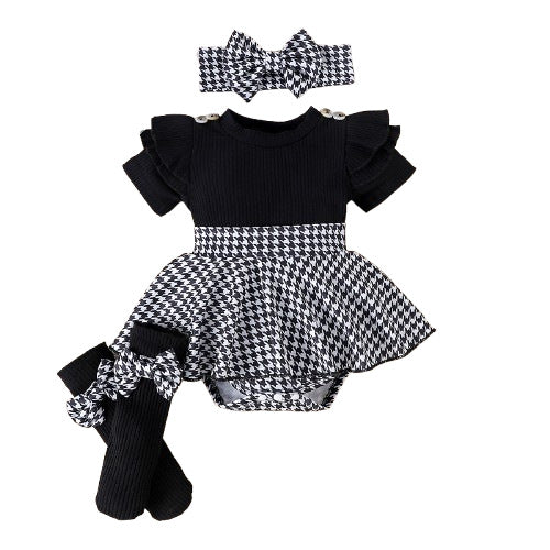 Foreign trade cross-border European and American summer baby and toddler flying sleeves short-sleeved striped romper pants skirt socks headdress three-piece suit