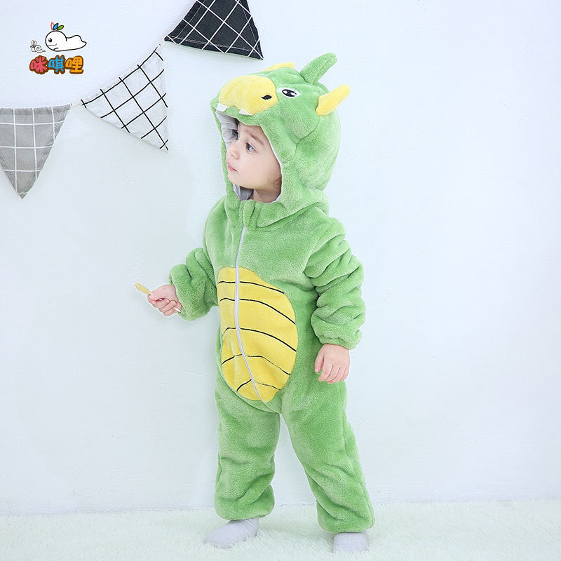 Mimi miles green dinosaur baby hooded animal crawling clothes flannel children's clothes cute baby crawling clothes