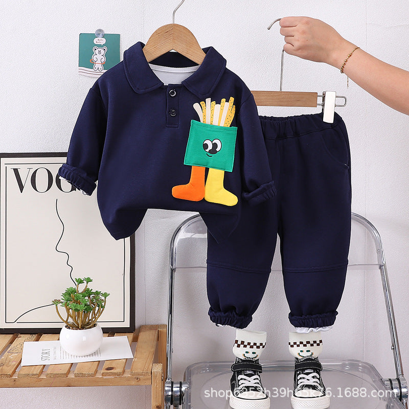 Boys spring and autumn polo shirt suit 2024 new handsome autumn clothes baby long-sleeved sweater two-piece suit trendy style