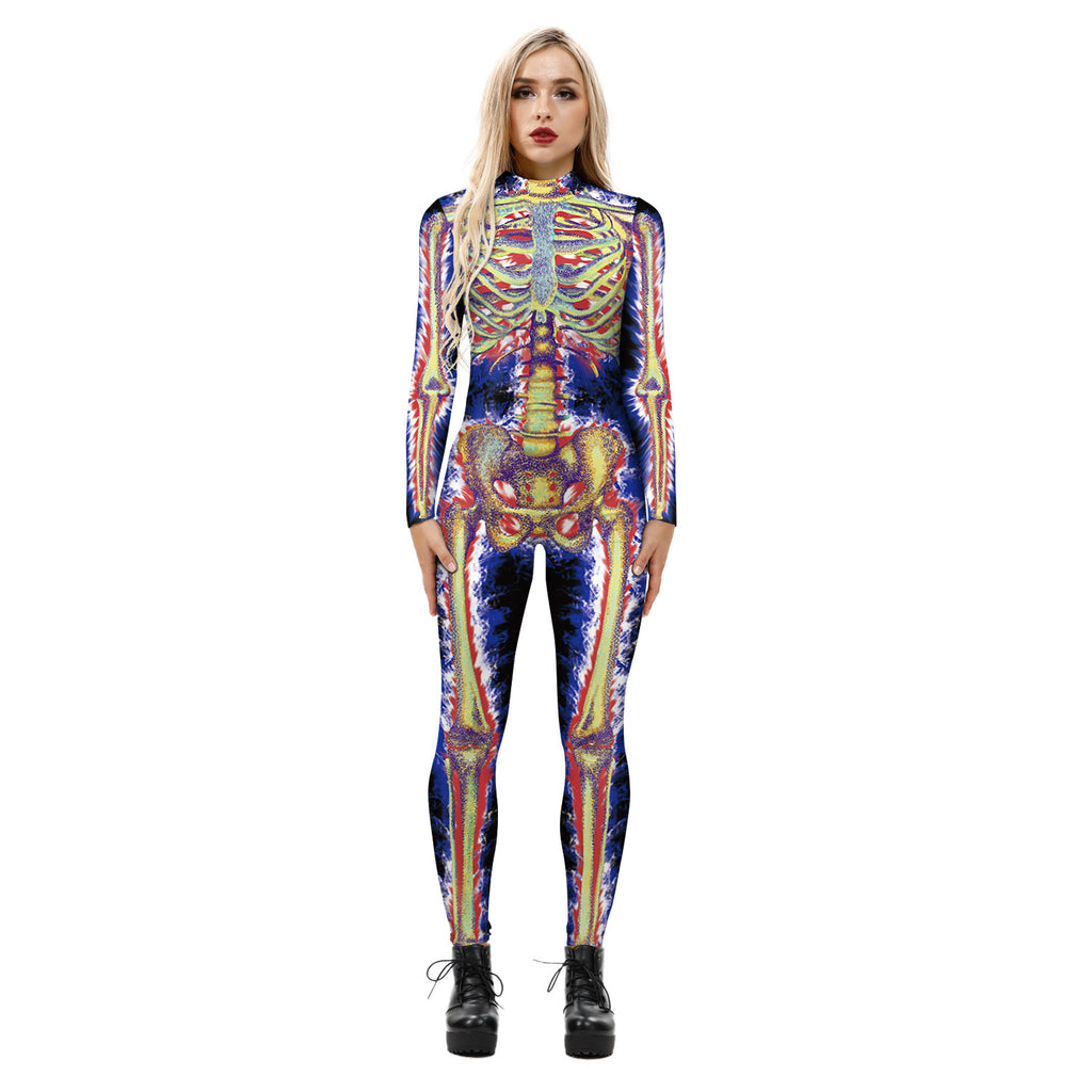 Amazon's new Halloween skeleton digital printing long-sleeved bodysuit slim fit slim cosplay costume