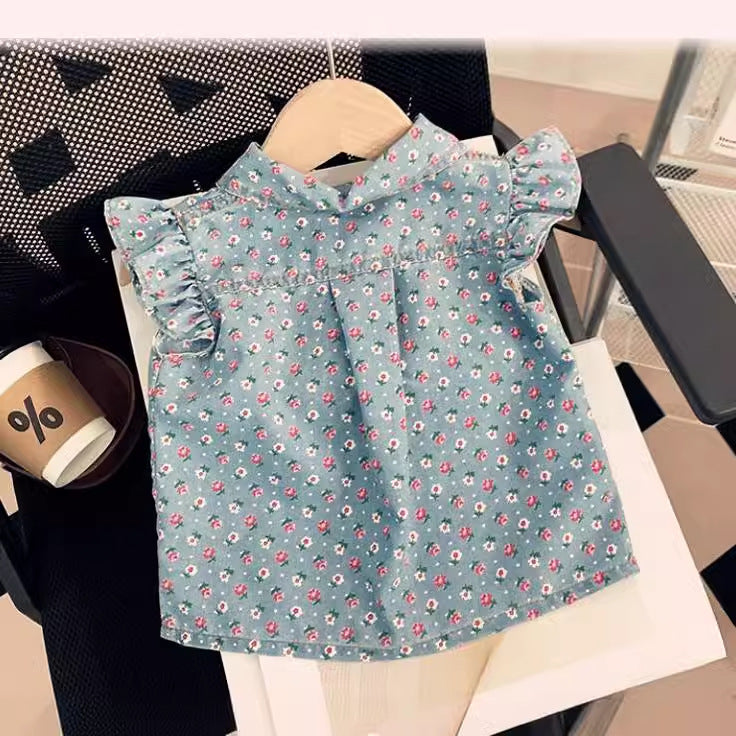 2024 Summer Girls Flying Sleeve Denim Printed Suit Baby Girl Fashion Single-Breasted Top Shorts Two-piece Suit