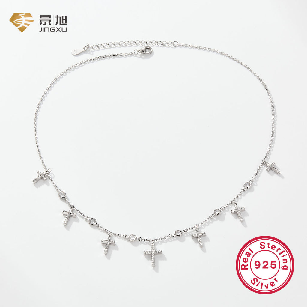 Cross-border hot selling 925 silver necklace for women European and American high-end zircon cross clavicle chain Halloween jewelry wholesale