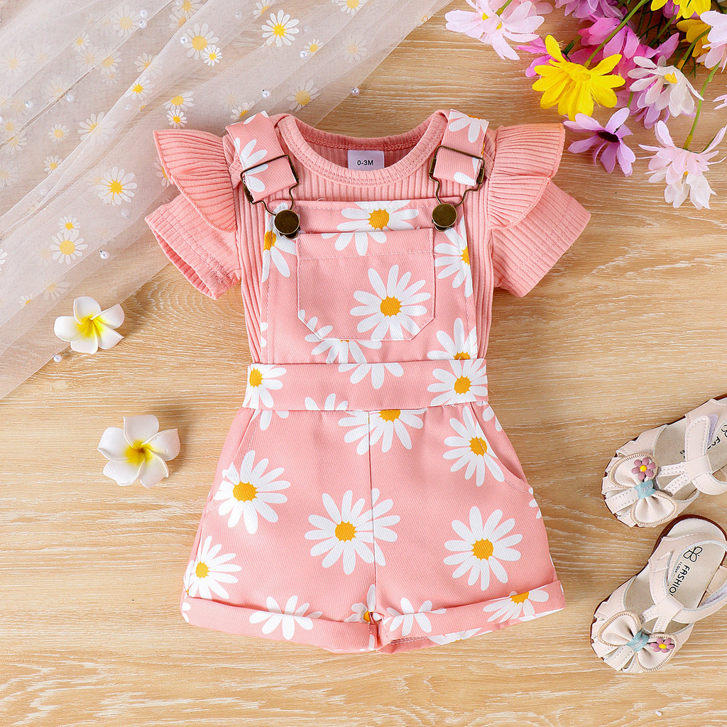 Baoxin children's clothing European and American summer ribbed flying sleeves baby romper multi-color printed flower overalls baby suit
