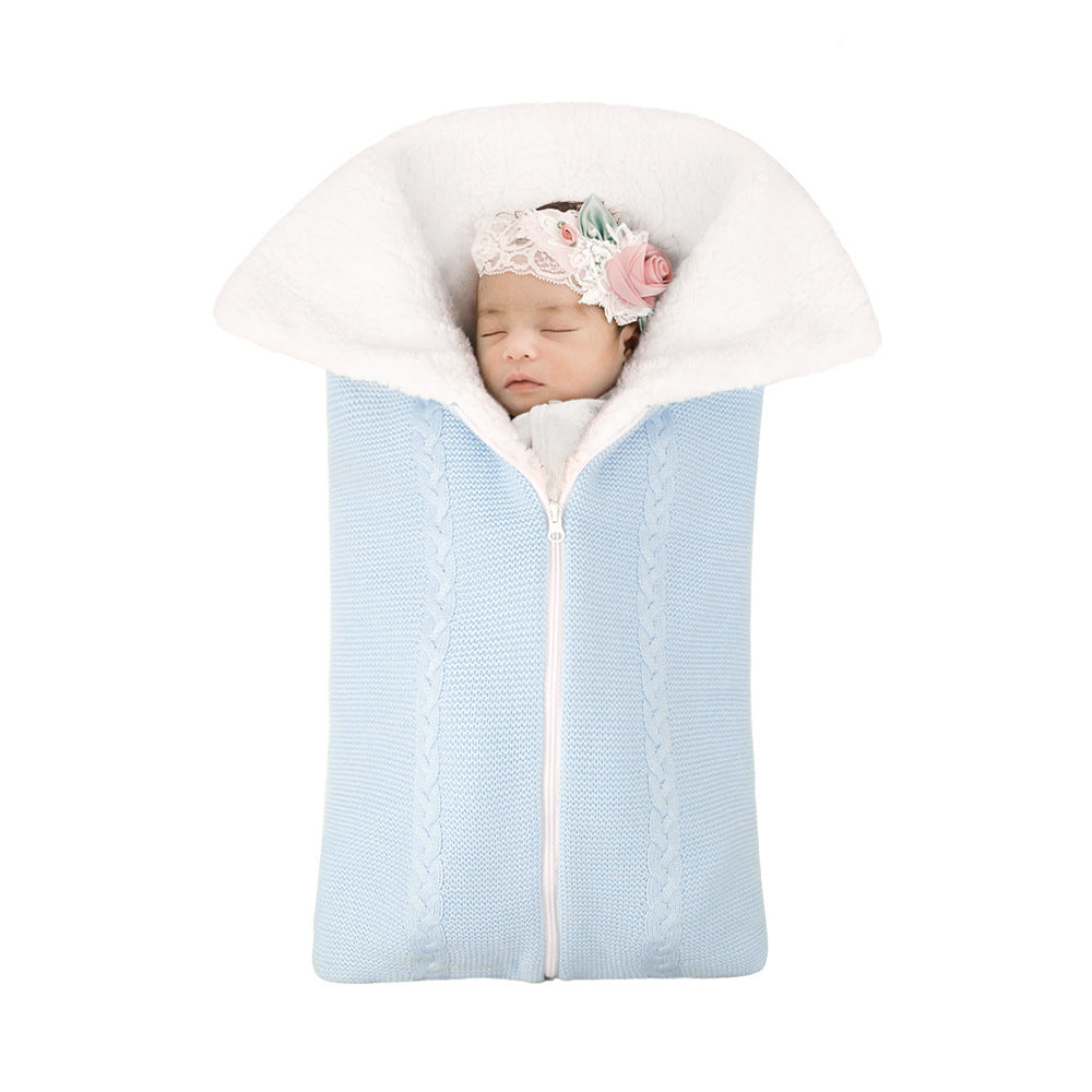 Hot sale new wool knitted plus velvet baby sleeping bag baby swaddle stroller zipper sleeping bag cover blanket two in one
