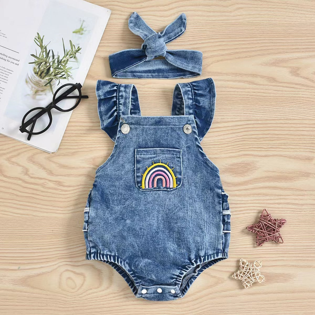 2025 Cross-border infant and toddler summer versatile baby girl colorful red embroidery blue denim suspenders bellyband romper