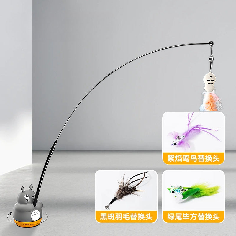 Cartoon chinchilla 360 rotating fishing cat teaser stick self-entertainment replaceable feather long rod cat teaser pet toy