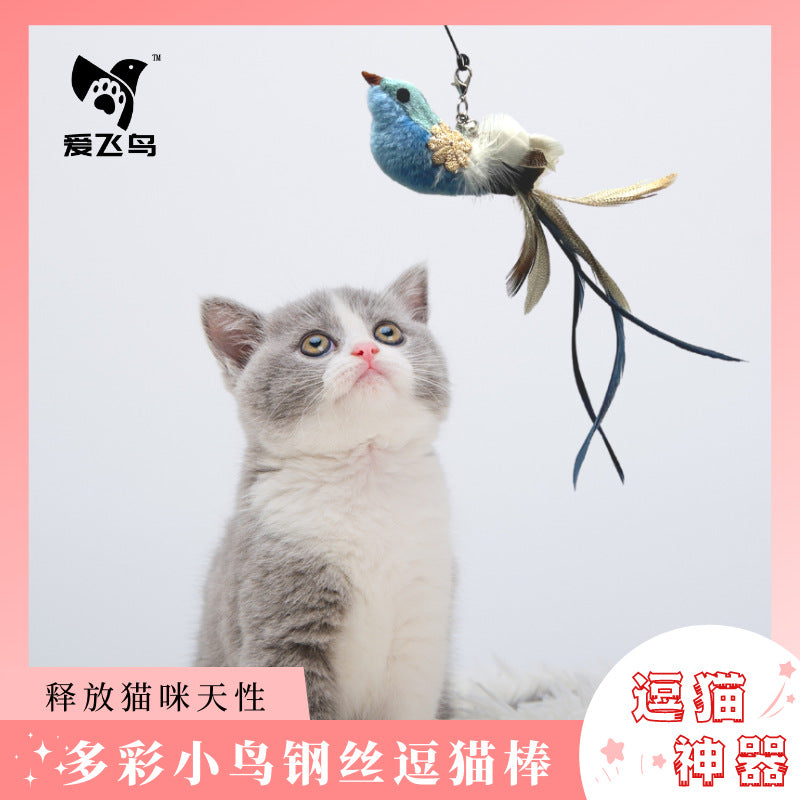 Love Bird Cat Toy Colorful Feather Bird Steel Wire Long Rod Amusing Cat Stick Replacement Head Self-Hi Bite-resistant Pet Toy